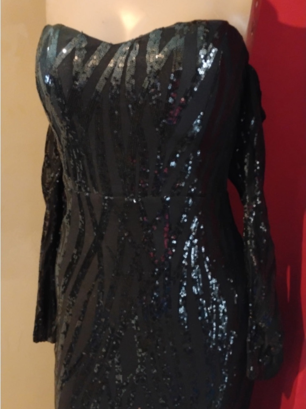 Black Off-Shoulder Sequin Gown with Gold Flame Hem - Picture 6 of 9